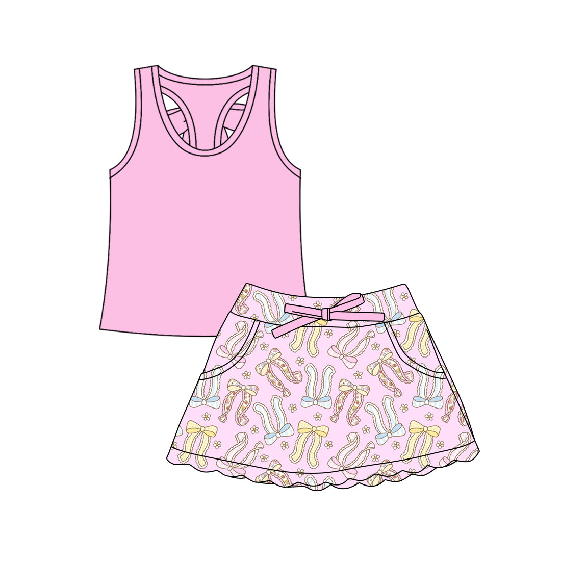 Preorder (moq 5)Baby Girls Pink Vests Bows Flowers Scallop Pockets Skirt Shorts Clothes Sets