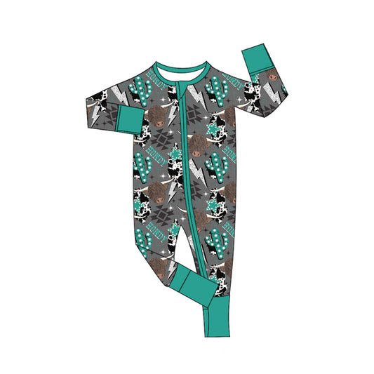 Preorder moq 5 Baby Boys Western Highland Cow Cactus Howdy Zippy Sleepers Rompers