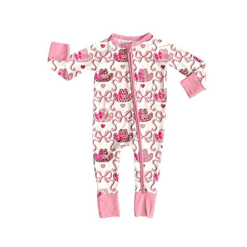 Preorder (moq 8)Baby Girls Long Sleeve Hats Bows Checked Zipper Footie Rompers