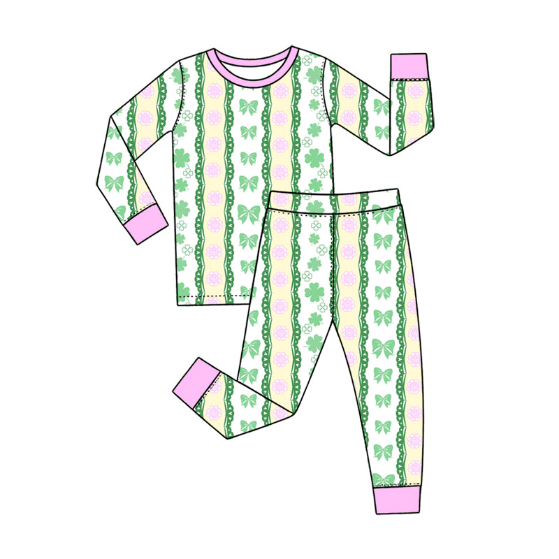 Preorder (moq 5) Baby Girl Clothes St Patrick's Day Clover Bow Floral Lace Striped Print Long Sleeve Pajama Set
