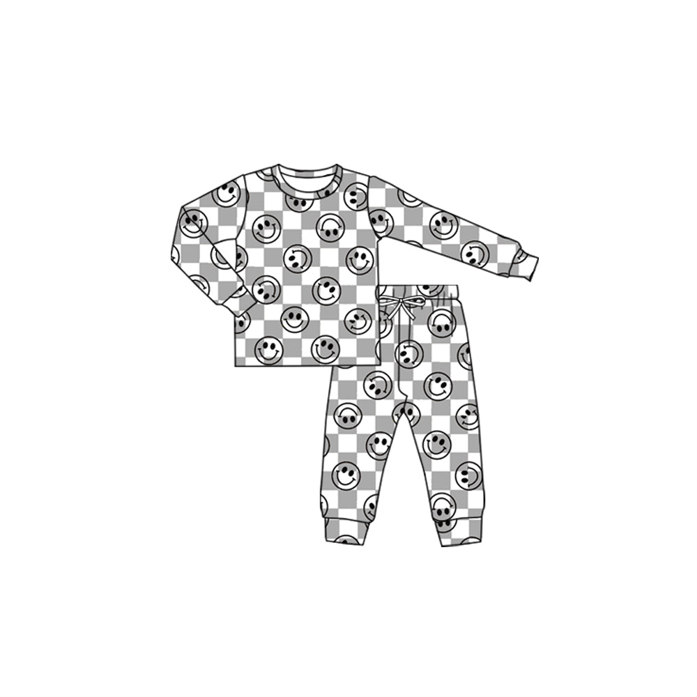 preorder(moq 5) Baby Boys Long Sleeves Gray Smiles Plaid Top Pants Pajamas Set