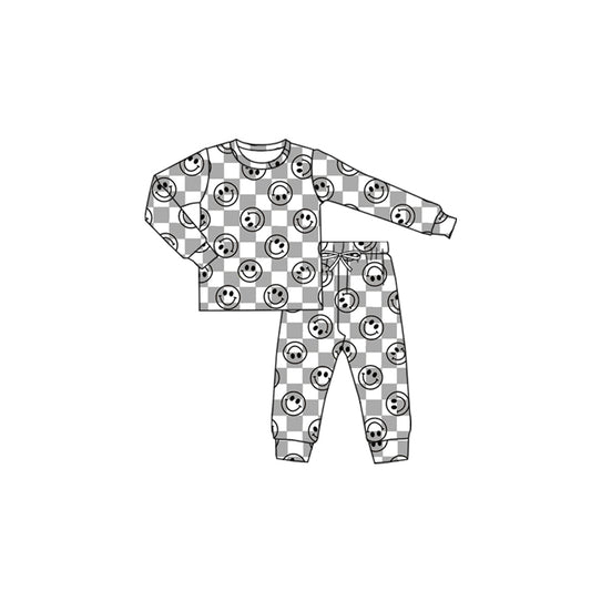 preorder(moq 5) Baby Boys Long Sleeves Gray Smiles Plaid Top Pants Pajamas Set