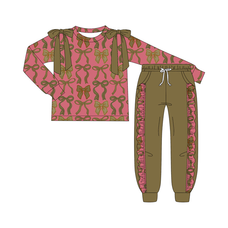 Preorder (moq 5)Baby Girls Long Sleeves Olive Bows Plaid Top Pockets Pegging Pants Set
