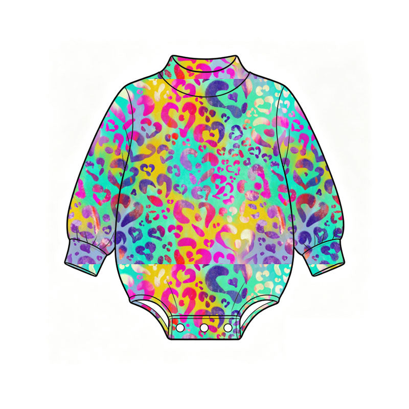 Preorder (moq 5) Baby Girl Clothes Valentine Rainbow Leopard Heart Mixed Print Long Sleeve Mock Neck Bubble Romper
