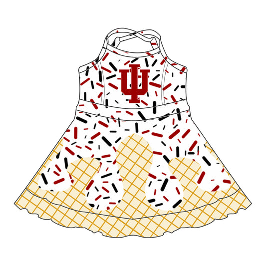 Preorder (moq 5)Baby Girls Strap Red Trident Drip Shorts Ruffle Team Knee Length Dresses