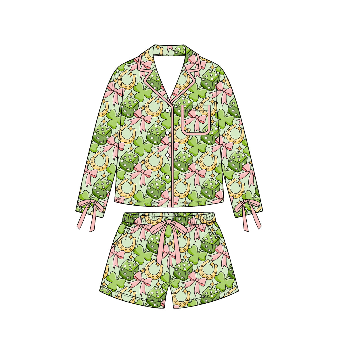 Preorder moq5 Women’s Pink Long-Sleeve Collared Bow Clover Pajama Set with Elastic-Waist Shorts