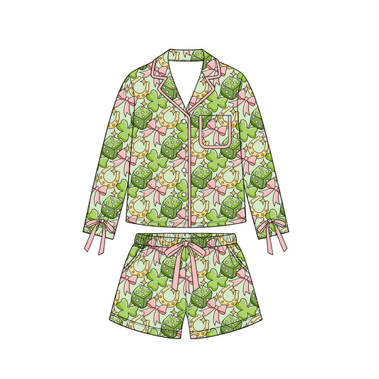 Preorder moq5 Women’s Pink Long-Sleeve Collared Bow Clover Pajama Set with Elastic-Waist Shorts