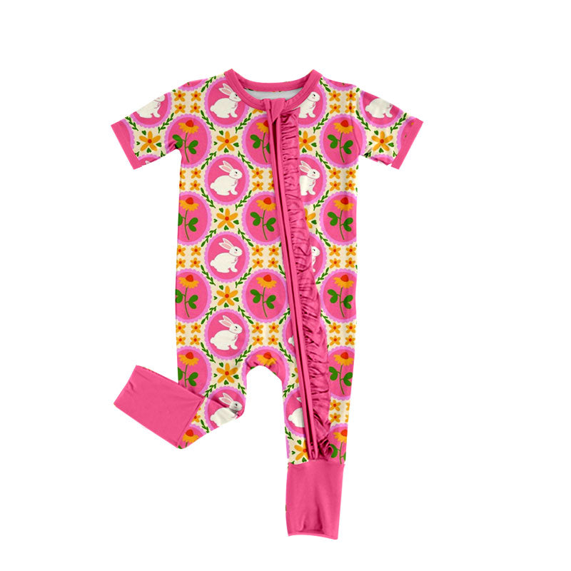 Preorder (moq 5) Baby Girl Clothes Easter Bunny Sunflower Circle Print Short Sleeve Ruffle Zip Romper Jumpsuit
