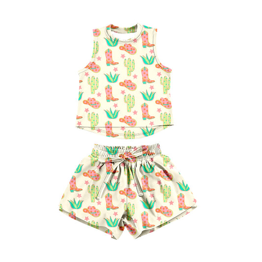 Preorder (moq 5)Baby Girls Hats Boots Cactus Top Shorts Western Clothes Set