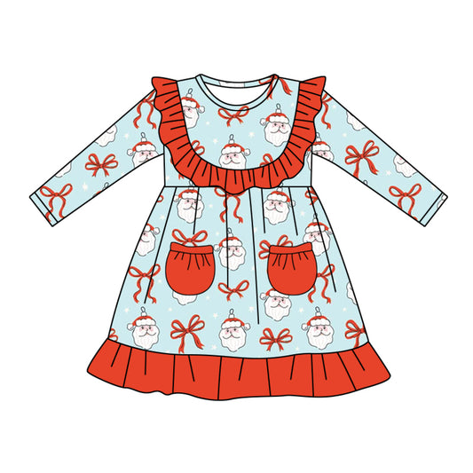 Preorder (moq 5)Baby Girls Blue Long Sleeves Bows Santa Pockets Ruffle Knee Length Dresses