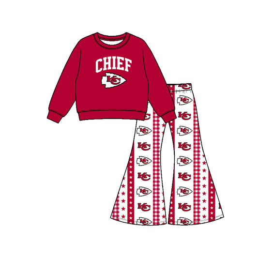 Preorder (moq 5) Girls Chief Football Team Long Sleeve Shirts Bell Pants Boutique Outfits Clothes Sets