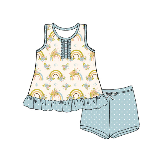 Preorder (moq 5)Baby Girls Sleeveless Button Rainbows Floral Tunic Blue Polka Dots Short Set