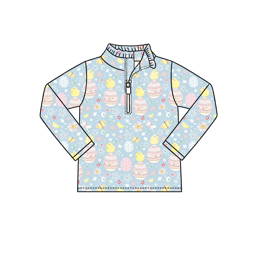 Preorder (moq 5) Baby Girl Clothes Easter Chick Egg Floral Allover Print Long Sleeve Half Zip Top