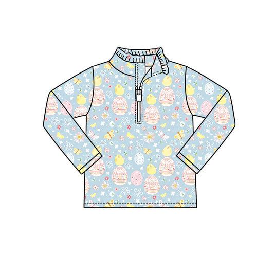 Preorder (moq 5) Baby Girl Clothes Easter Chick Egg Floral Allover Print Long Sleeve Half Zip Top