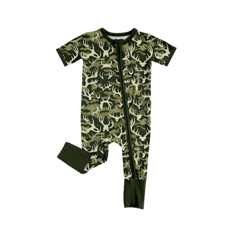 Preorder (moq 5)Baby Boys Short Sleeves Olive Deer Camo Zipper Rompers