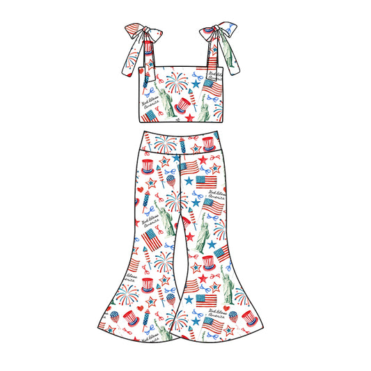 Preorder (moq 5)Baby Girls 4th Of July Straps Top Bell Pants Clothes Sets