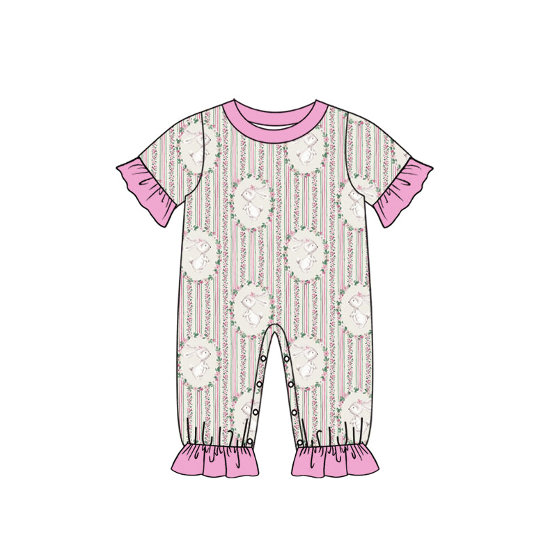 Preorder (moq 5) Baby Girl Clothes Easter Bunny Floral Oval Frame Stripe Print Short Sleeve Ruffle Baby Romper Jumpsuit