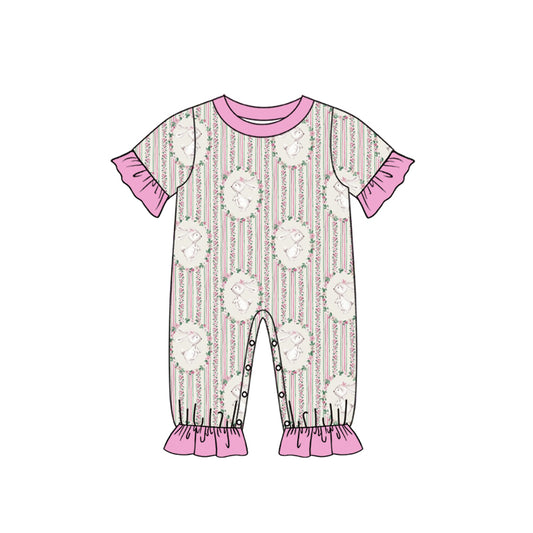 Preorder (moq 5) Baby Girl Clothes Easter Bunny Floral Oval Frame Stripe Print Short Sleeve Ruffle Baby Romper Jumpsuit