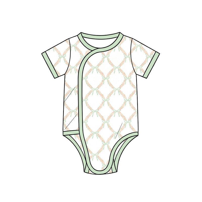 Preorder (moq 5) Baby Girl Clothes Green Bow Floral Lattice Mixed Print Short Sleeve Side Snap Baby Bodysuit