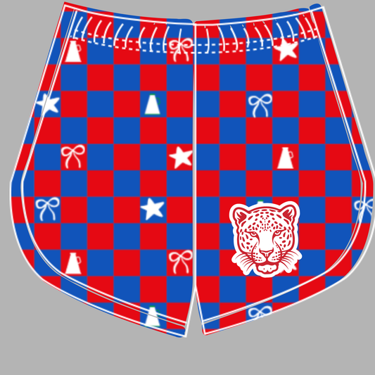 Preorder (moq 5)Baby Girls Red Blue Checked Leopards Cheer Team Shorts Bottoms