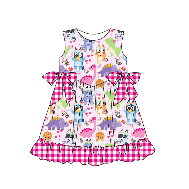 Preorder (moq 5)Baby Girls Pink Sleeveless Cartoon Dogs Dinosaurs Plaid Bows Knee Length Dresses