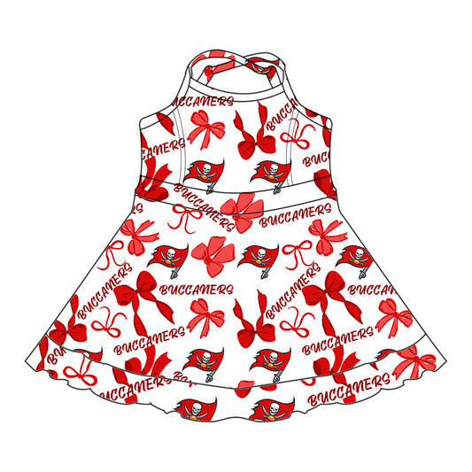 Preorder (moq 5)Baby Girls Strap Buccaners Bows Plaid Shorts Ruffle Team Knee Length Dresses