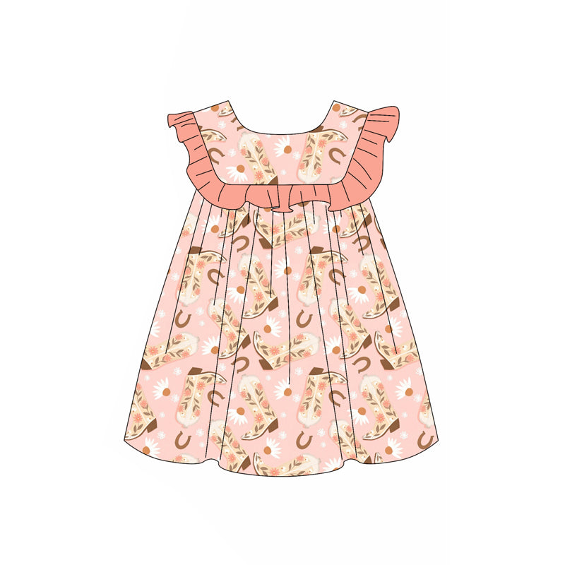 Preorder (moq 5)Baby Girls Peach Sleeveless Boots Floral Round Collar Knee Length Dresses