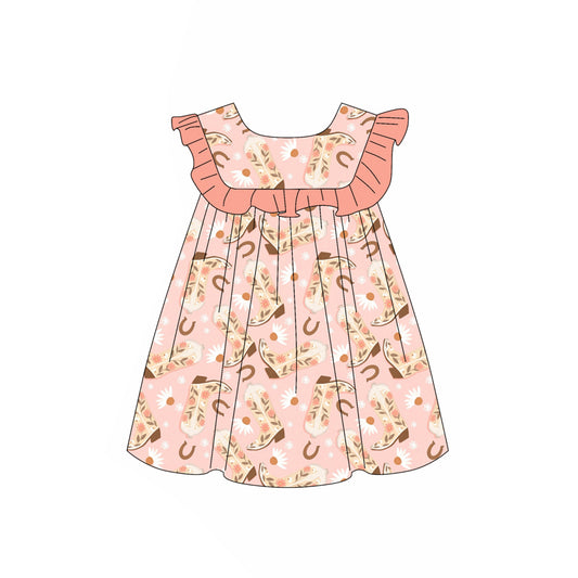Preorder (moq 5)Baby Girls Peach Sleeveless Boots Floral Round Collar Knee Length Dresses