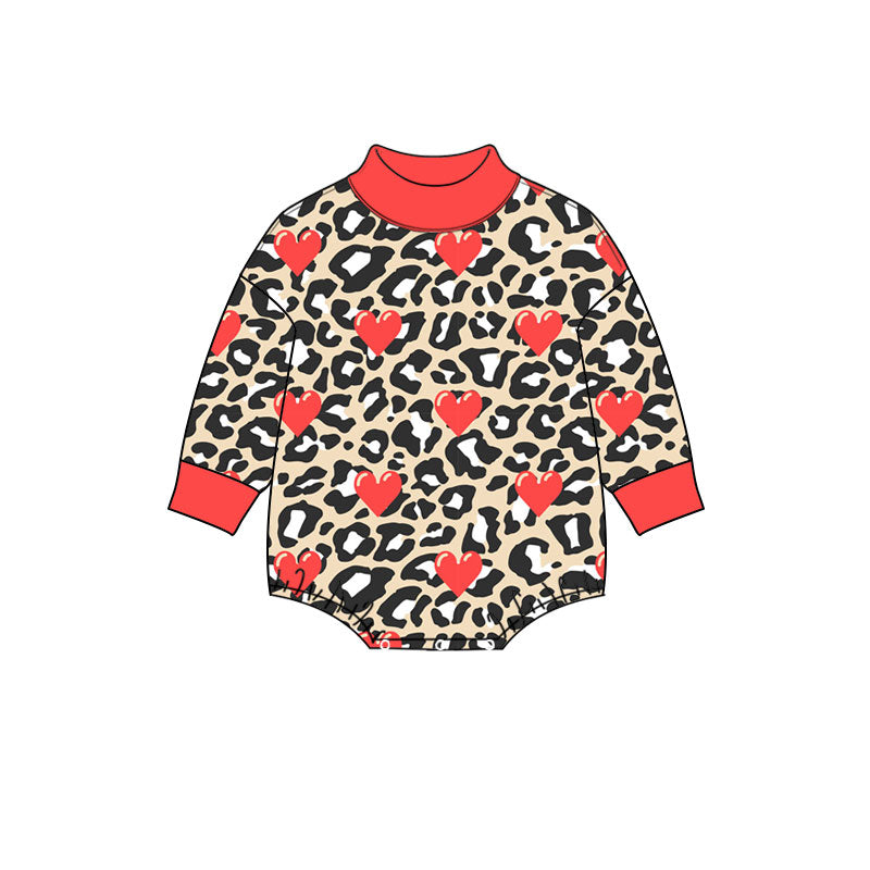 Preorder (moq 5) Baby Girl Clothes Valentine Classic Leopard Bright Red Heart Print Long Sleeve Turtleneck Romper