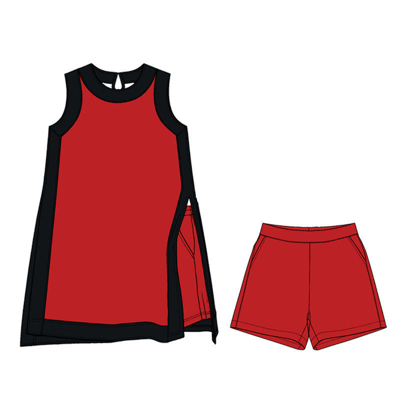 Preorder (moq 5)Adult Women Black Red Split Skirt Pockets Short Clothes Sets