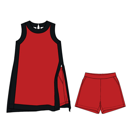 Preorder (moq 5)Adult Women Black Red Split Skirt Pockets Short Clothes Sets
