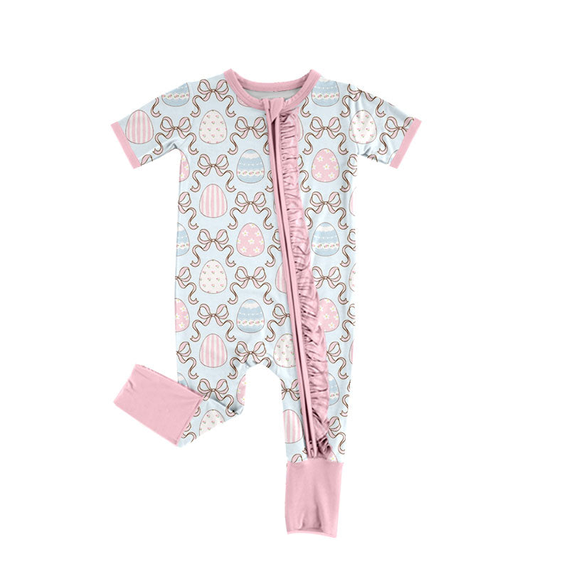 Preorder moq 5 Baby Girls’ Blue Bow Round-Neck 3/4-Sleeve Zip-Up Romper with Pink Ruffle Trim