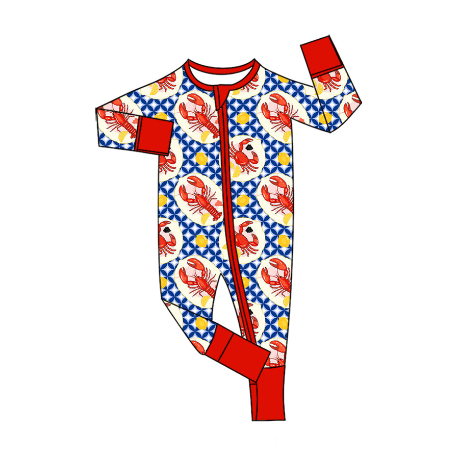Preorder (moq 5) Baby Crawfish Crab Blue Geometric Print Long Sleeve Zipper Romper Boutique Baby Clothes