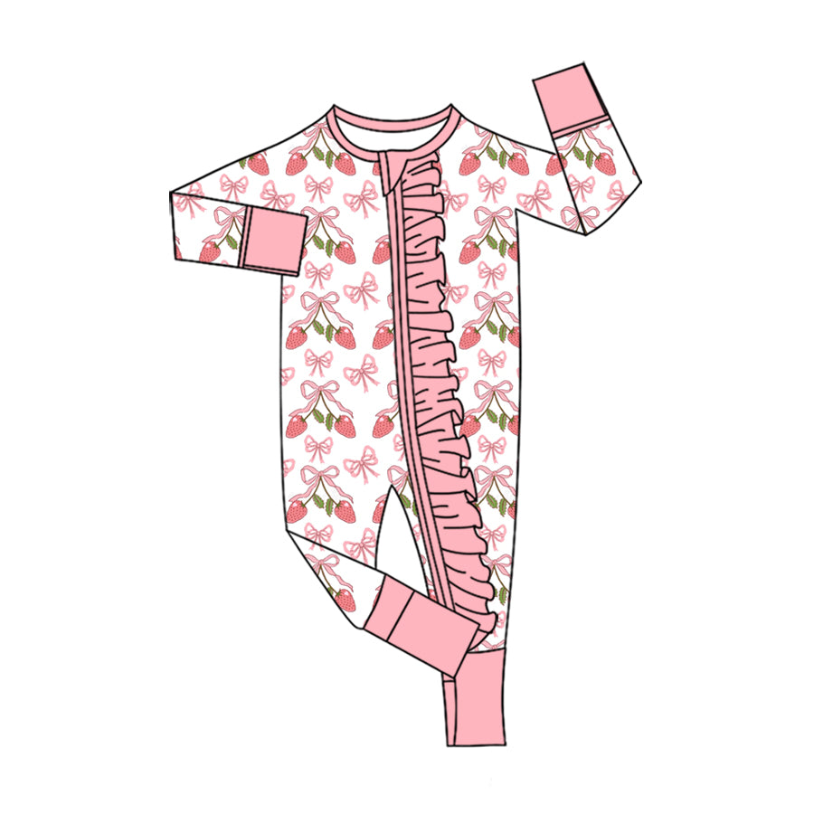 Preorder (moq 5) Baby Girls Bows Strawberry Two Way Ruffle Zip Convertible Rompers