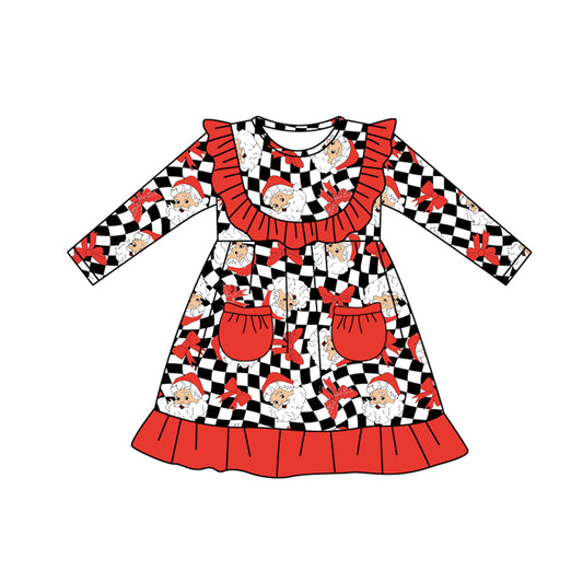 Preorder moq 5 Baby Girls Long Sleeves Black Plaid Santa Pockets Knee Length Dresses