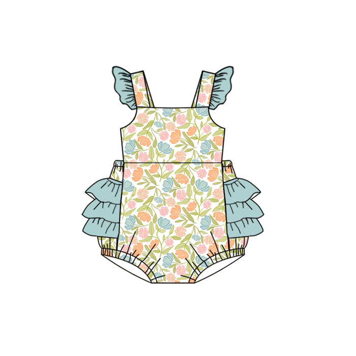 Preorder moq 5 Baby Girls Blue Flutter Sleeves Floral Bubble Ruffle Rompers