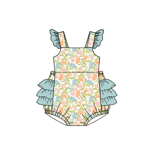 Preorder moq 5 Baby Girls Blue Flutter Sleeves Floral Bubble Ruffle Rompers