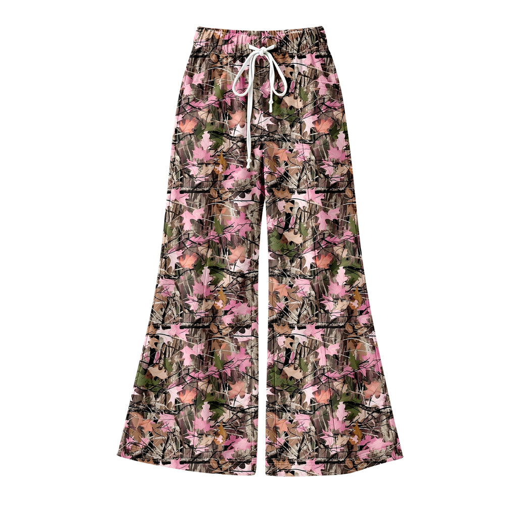 Preorder (moq 5) Women Clothes Pink Maple Leaf Forest Camo Print Elastic Waist Flare Bell Bottom Pants