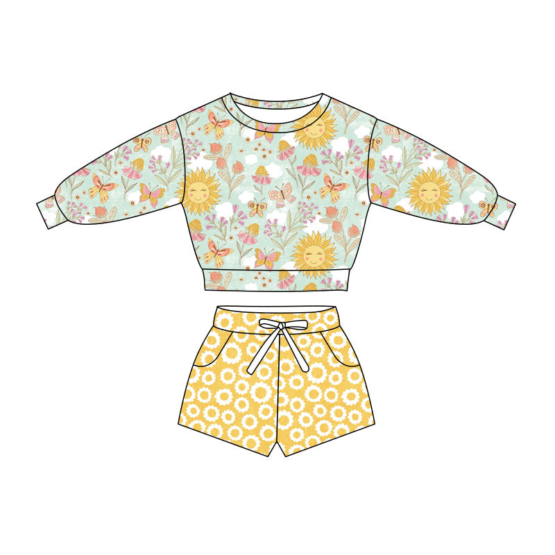 Preorder(moq 5) Baby Girls Butterfly Sunflowers Long Sleeve Pockets Shorts Clothes Sets