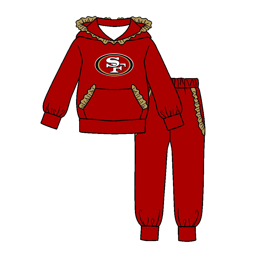 Preorder (moq 5)Baby Girls Red 49ERS Pocket Ruffle Hoodie Joggers Team Clothes Set