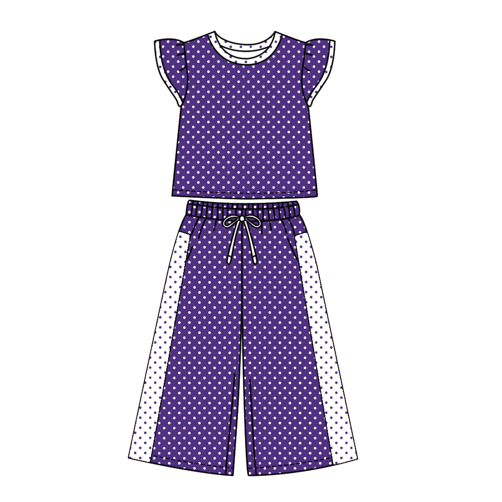 Preorder (moq 5)Baby Girls Purple Flutter Sleeve Polka Dots Top Flare Pant Clothes Set