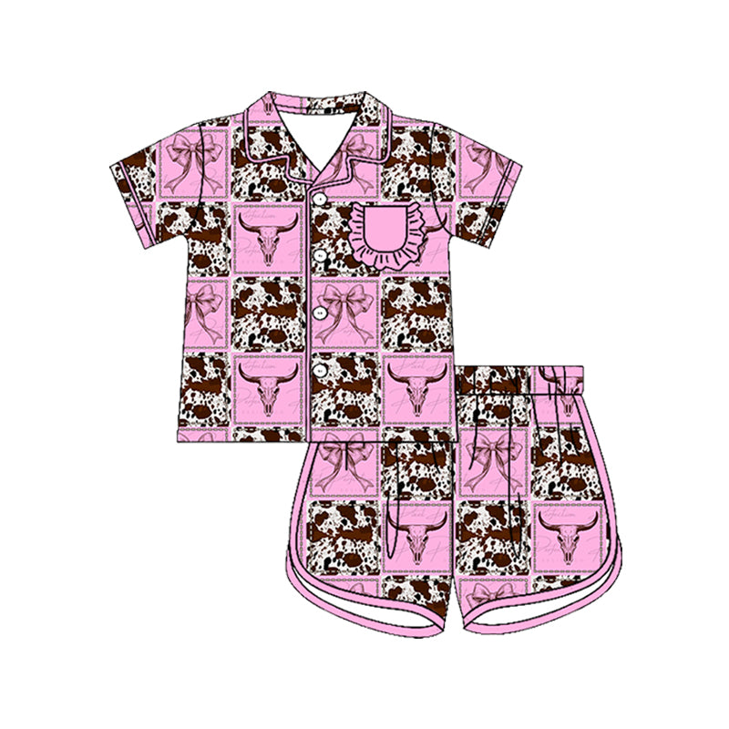 Preorder (moq 5)Baby Girls Bows Bull Skulls Pocket Button Top Short Western Pajamas Sets