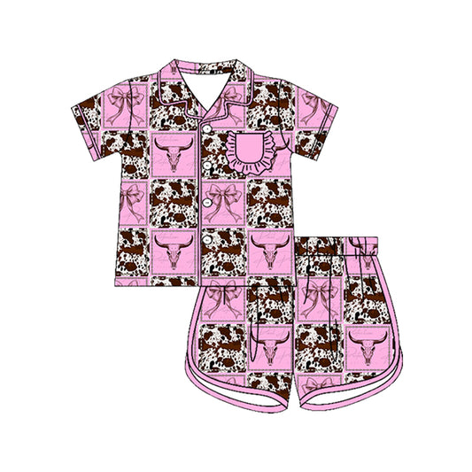 Preorder (moq 5)Baby Girls Bows Bull Skulls Pocket Button Top Short Western Pajamas Sets