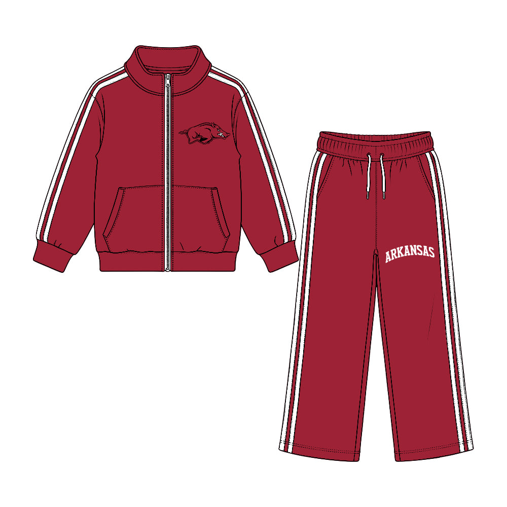 Preorder (moq 5) Baby Boy Clothes Burgundy Animal Graphic Print Long Sleeve Zip Jacket Wide Leg Pant Outfit Set