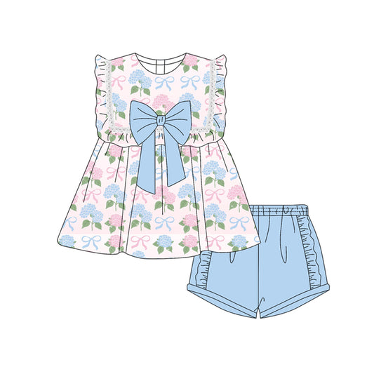 Preorder moq 5 Baby Girls Sleeveless Blue Pink Flowers Bows Tunic Ruffle Short Set