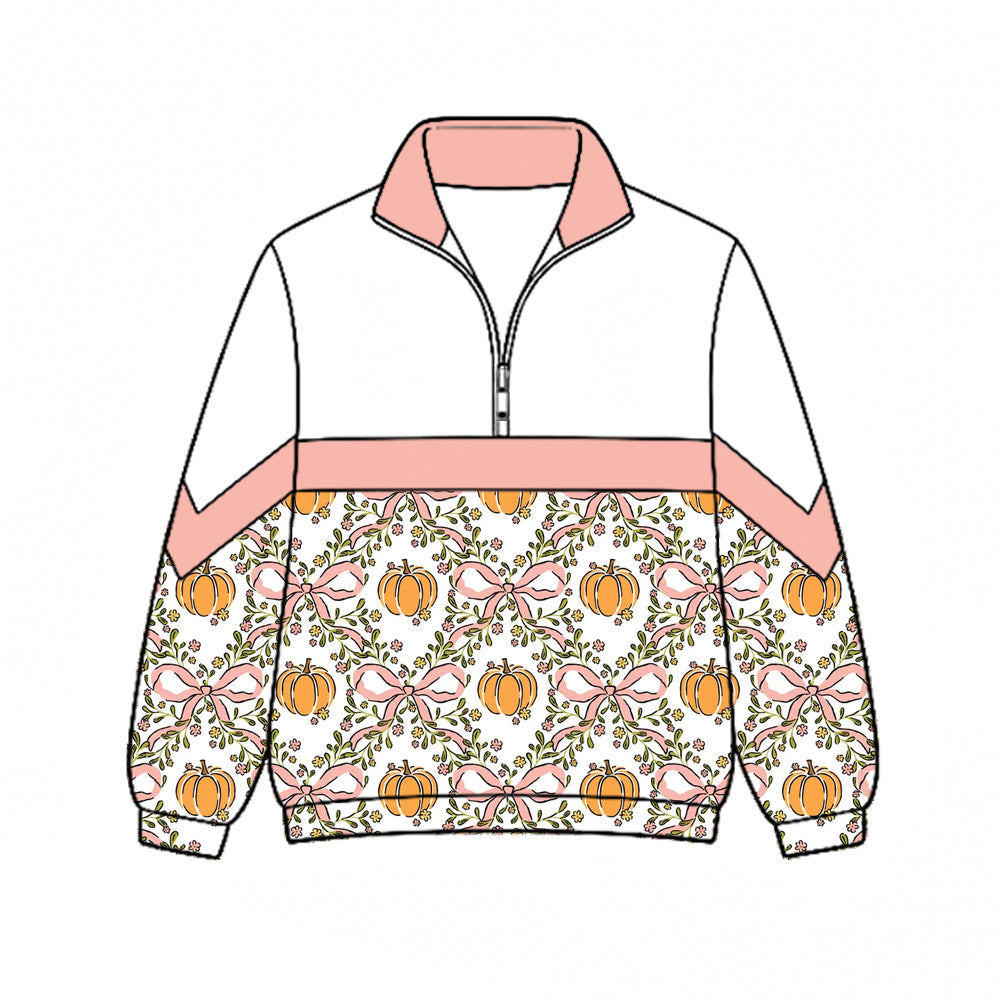Preorder (moq 5)Baby Girls Bows Pumpkins Flowers Fall Zip Pullovers Top