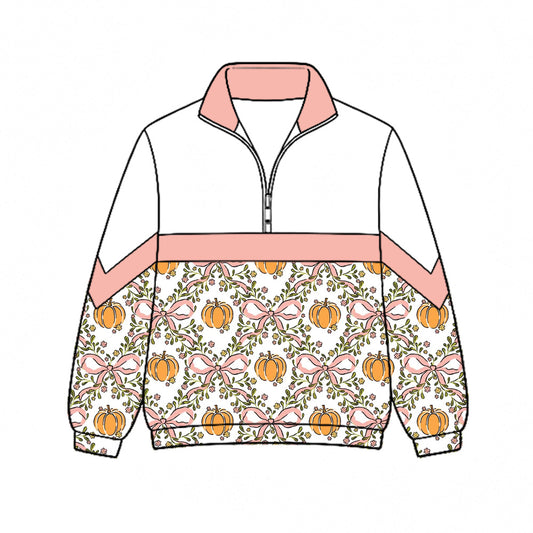 Preorder (moq 5)Baby Girls Bows Pumpkins Flowers Fall Zip Pullovers Top