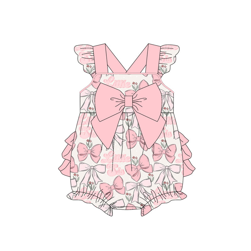Preorder (moq 5)Baby Girls Peach Flutter Sleeves Bows Little Sis Ruffle Bubble Rompers