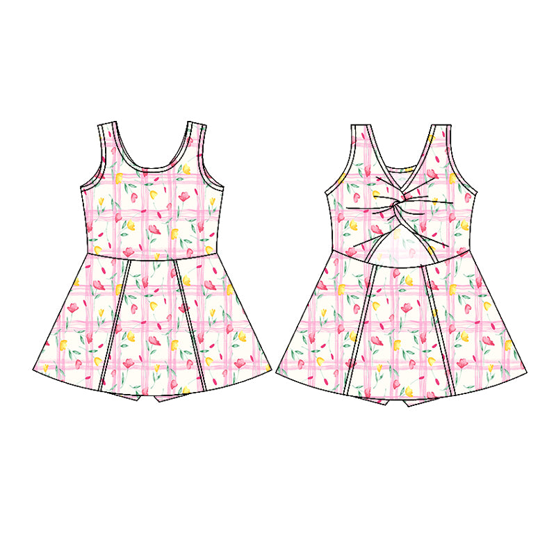 Preorder (moq 5)Baby Girls Sleeveless Pink Plaid Flowers Shorts Knee Length Dresses