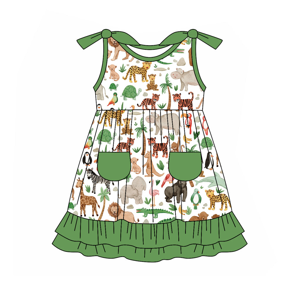 Preorder (moq 5)Baby Girls Animals Green Ruffles Knee Length Dresses